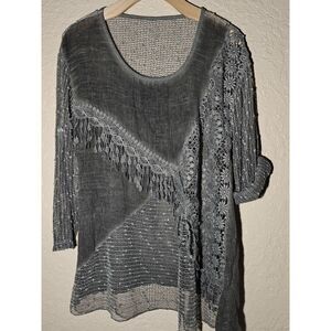 Grey Lagenlook 3/4 Sleeve Mixed Media Button‎ Tab Sleeve Top Unbranded